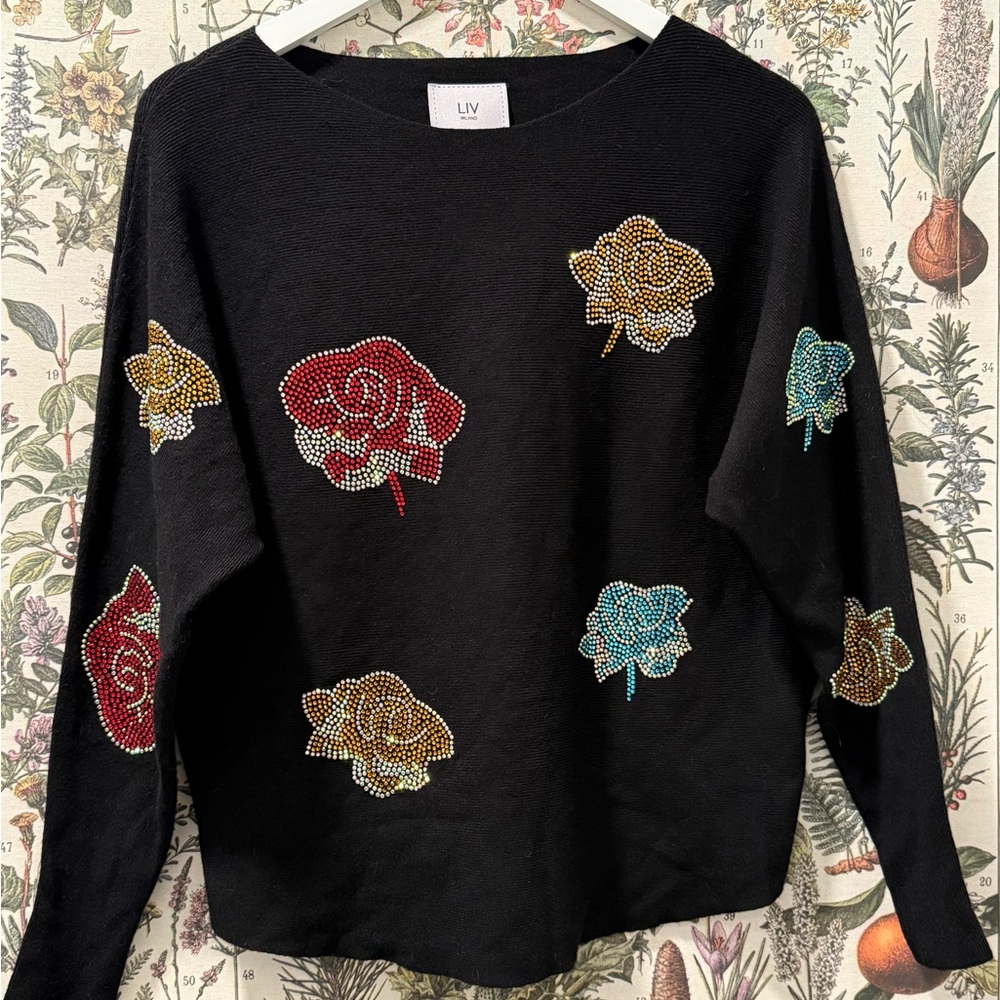 Black Knit Sweater with Sparkly Rose Accents
